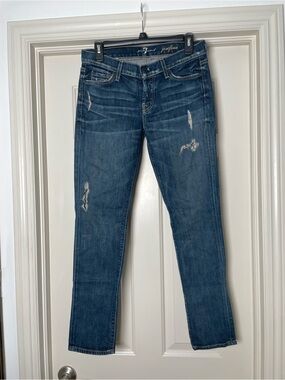 7 For All Mankind Women's Distressed Skinny Jeans in Dark Blue